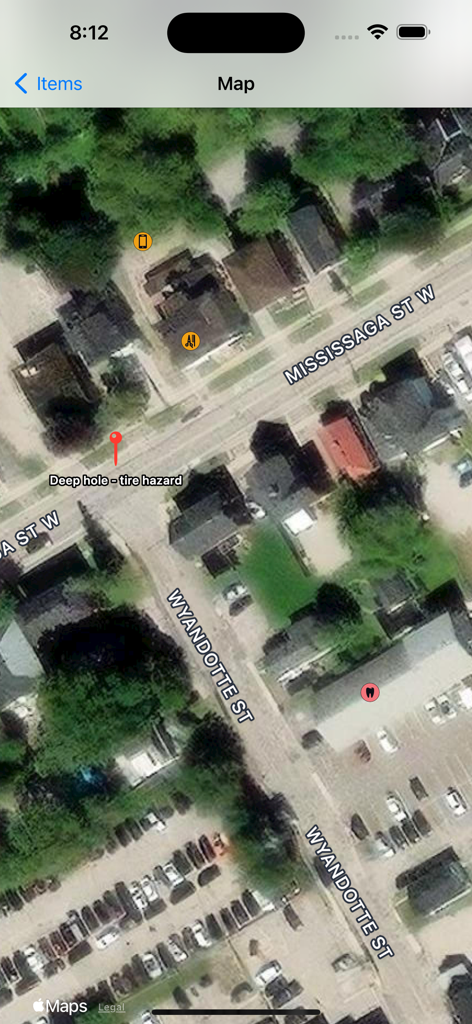 GeoLog - Satellite map view in the GeoLog app displaying a custom location pin for a tire hazard