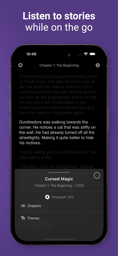 FanFiction | AO3 unofficial - Mobile App Interface zeigt die Text-to-Speech-Funktion zum Anhören von Fanfiction-Geschichten unterwegs