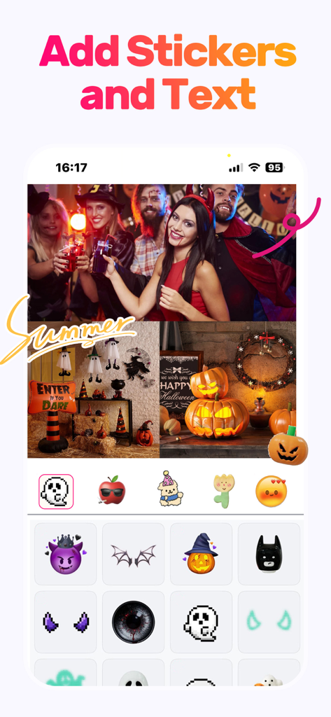 Collage Maker: Photos Editor - Collage Makerアプリの編集インターフェース。ハロウィーンのステッカーとテキストが写真コラージュに表示されています。