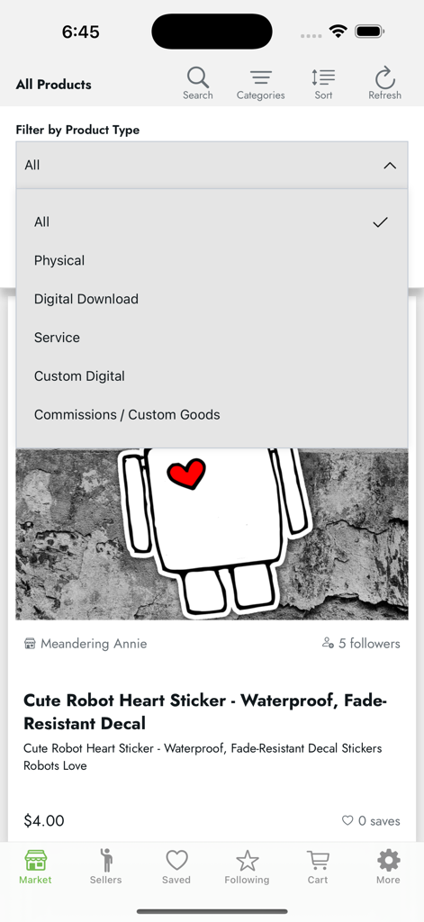 Mayhem Marketplace - Mayhem Marketplace app showing product filtering options and a sticker listing