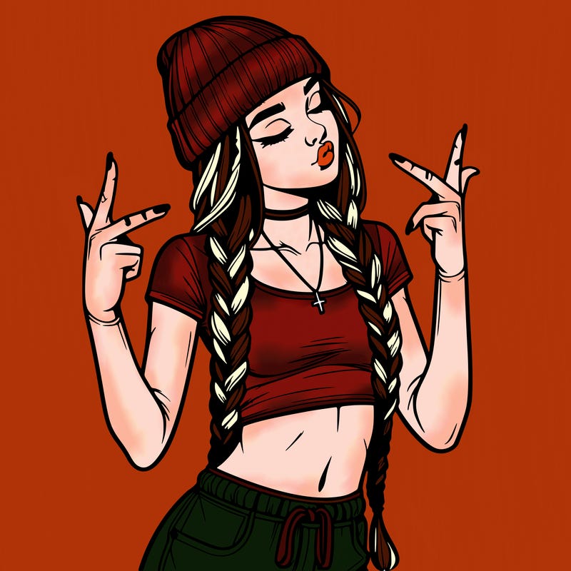 realistic teenage girl with braids and a beanie and crop top doing 🫶🏼