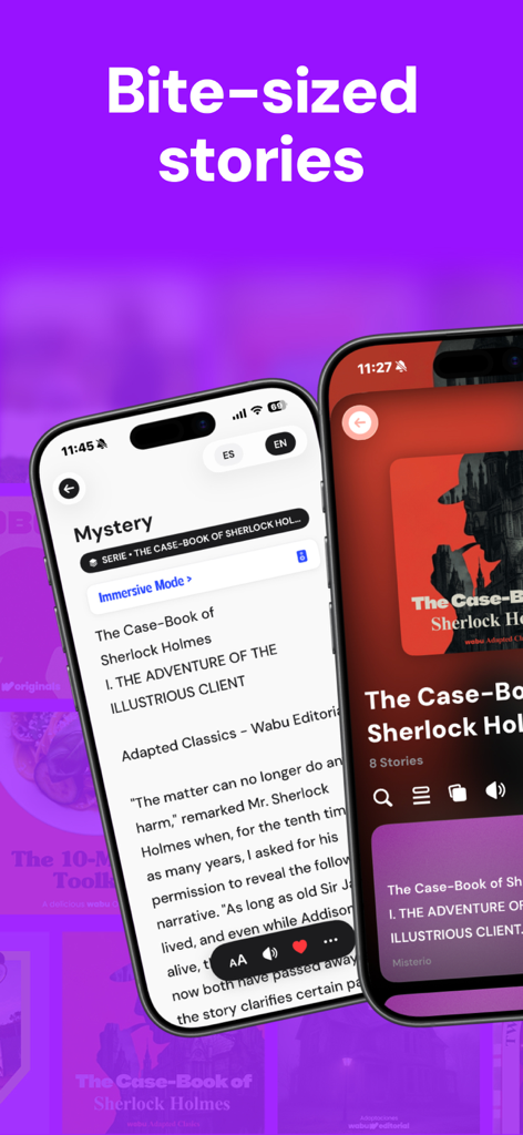 Two mobile phone screens displaying the Wabu app interface with Sherlock Holmes short stories and audio narration features on a purple background.