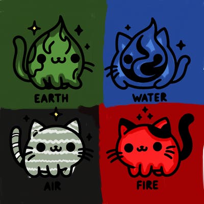 4 cats that represent the different elements, earth, water, air, and fire