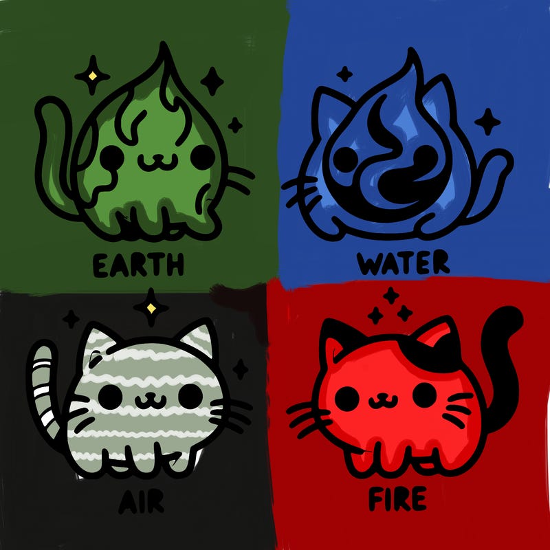 4 cats that represent the different elements, earth, water, air, and fire