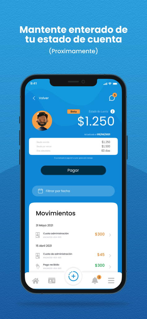 Munily app screen showing resident account balance and payment history for building management