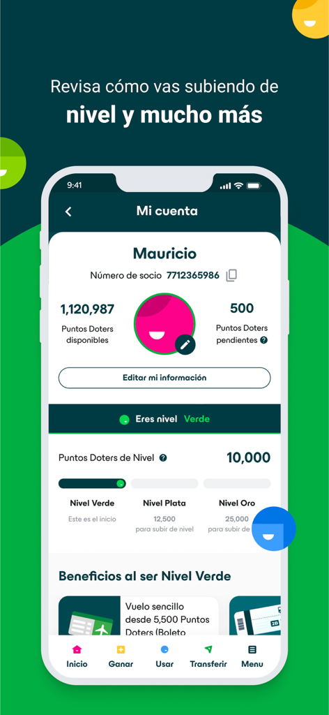 Doters App - Panel de la cuenta de la aplicación de lealtad Doters que muestra el saldo de puntos y el estado de membresía