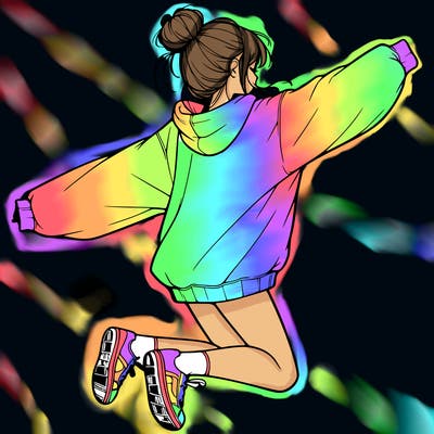 realistic girl jumping with a bun and oversized sweatshirt
