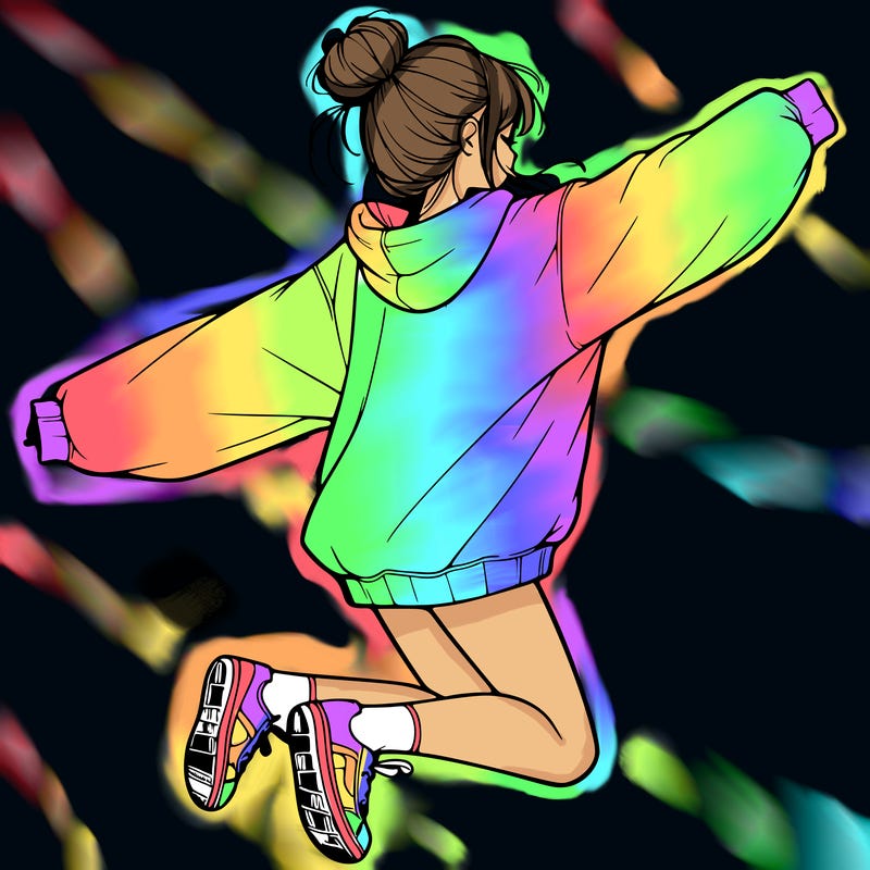 realistic girl jumping with a bun and oversized sweatshirt