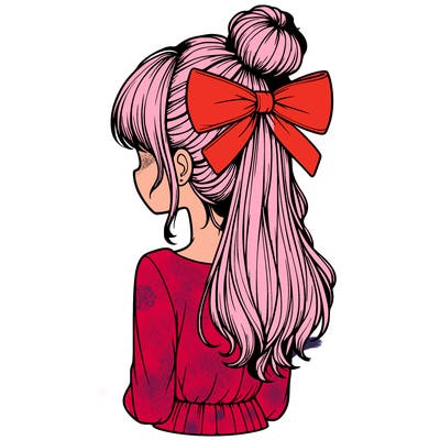 realistic girl  with hip length hair a bun and a big bow on the back of head