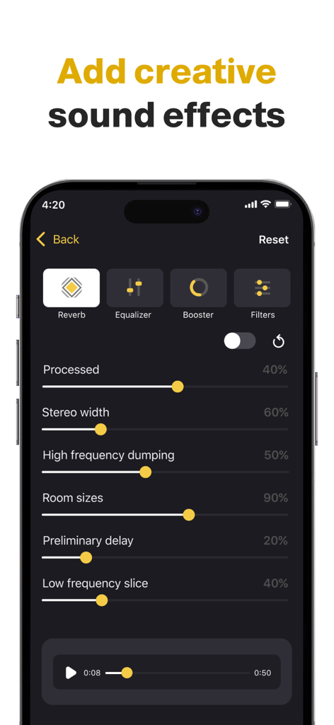 Music Speed Changer-Transpose - Interface of the music speed changer app showing reverb sound effect settings and sliders for audio manipulation