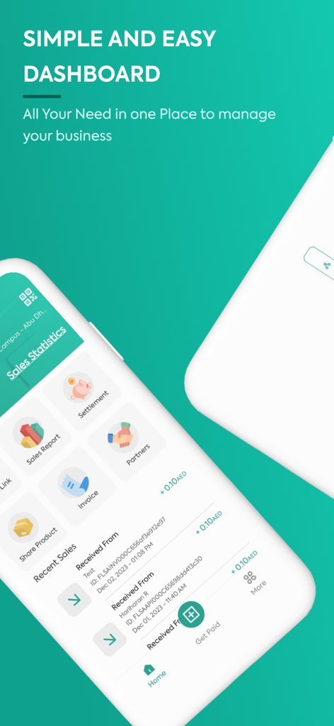 Dashboard der mobilen App Foloosi Business mit Verkaufsstatistiken, Abrechnungsmanagement und Rechnungsstellungstools für Händler
