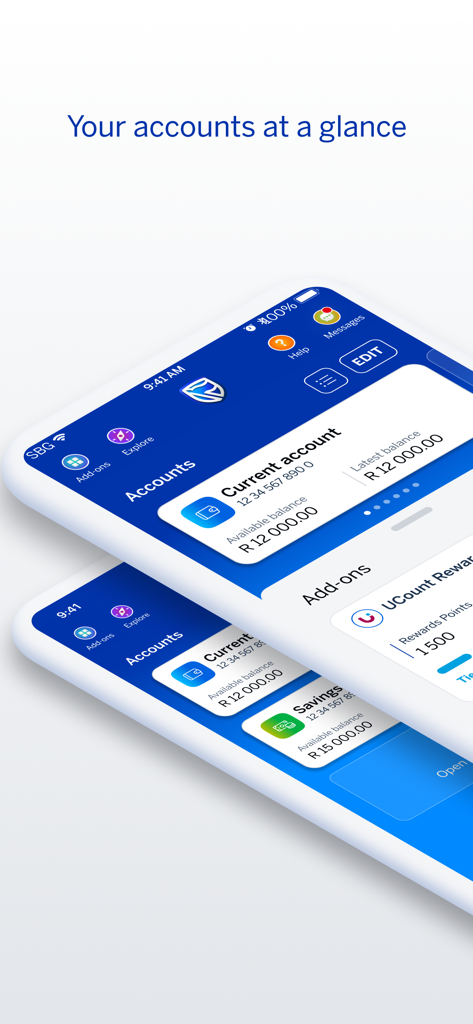 Standard Bank / Stanbic Bank - Interfaccia mobile dell'app Standard Bank che mostra un riepilogo dei saldi dei conti correnti e di risparmio