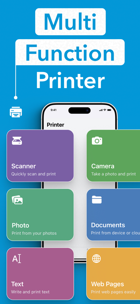 Smart Printer App for HP * - Menu dell'App Stampante Smart sull'iPhone che mostra la fotocamera scanner e le funzioni di stampa foto
