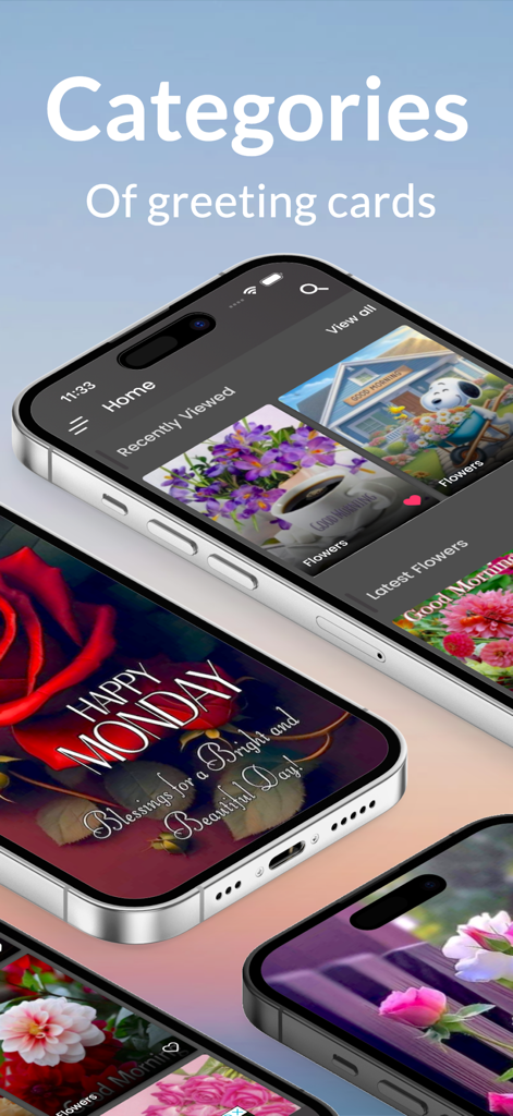Good Morning Flowers - Mobile app interface showing floral greeting card categories and a Happy Monday rose message with daily blessings.