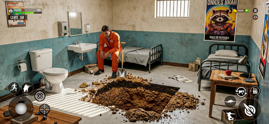 Jail Break Prison Escape Game - A prisoner in an orange jumpsuit sitting next to a dug tunnel in his cell with a shovel