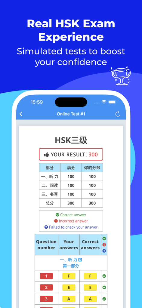 HSK-3 online test / HSK exam - HSK-3 exam simulation results screen with score breakdown and answer analysis