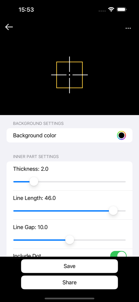 FPS Reaction Trainer & Helper - Mobile app interface for customizing FPS crosshair settings with sliders for thickness, line length, and gap.