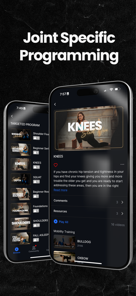 Mobility MVMNT - Mobile app interface for Mobility MVMNT showing joint specific programming for athletes.