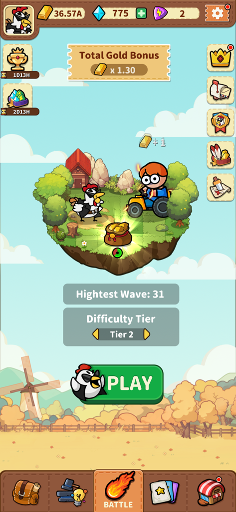 Rise of Chicks - Main menu of the Rise of Chicks mobile game featuring a mutant chicken and a play button