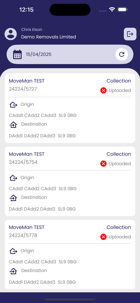 List of moving jobs showing origin and destination addresses in the MoveMan AI Inventory app.