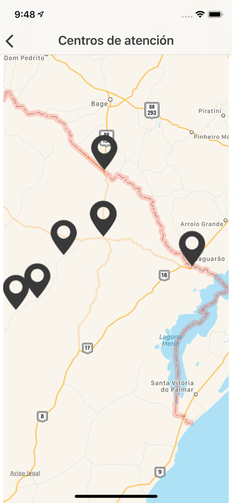 CAMCEL - Vista de mapa mostrando localizações de diferentes centros de cuidados médicos na app CAMCEL