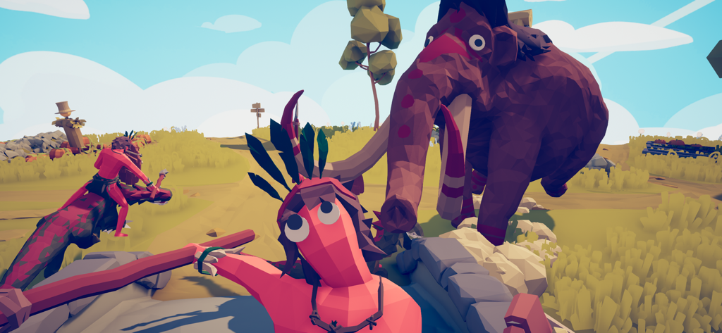 A silly physics battle in TABS Pocket Edition featuring a giant mammoth and red tribal warriors