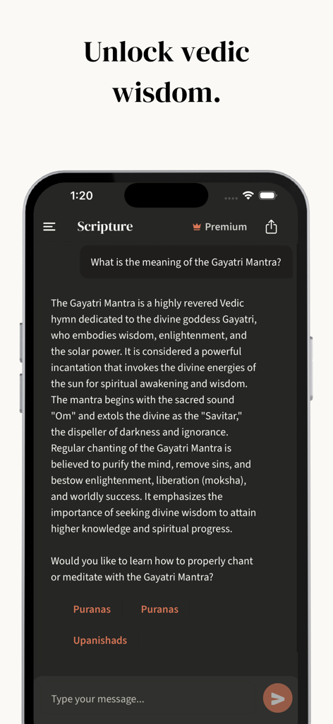 Om.AI – AI Astrology & Kundli - Om.AI app Scripture Mode interface providing an AI explanation of the Gayatri Mantra.