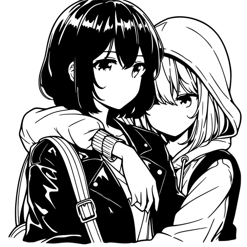 anime girl with shoulder length hair wearing a leather jacket hugging another anime girl with shoulder length hair wearing a hoodie