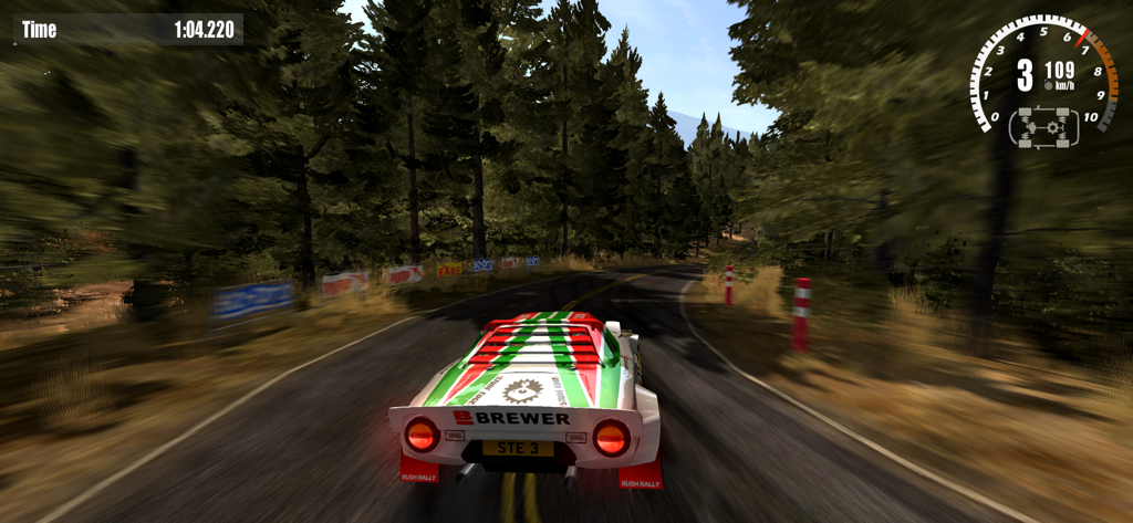 Rush Rally 3 - Rear view of a classic rally car racing through a dense forest track on asphalt in Rush Rally 3.
