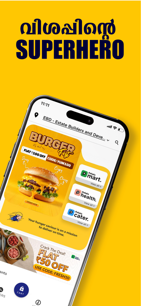 Potafo: Food Delivery App - Potafo food delivery app interface showing burger festival and grocery services