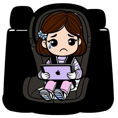 girl in car seat with sad face holding ipad