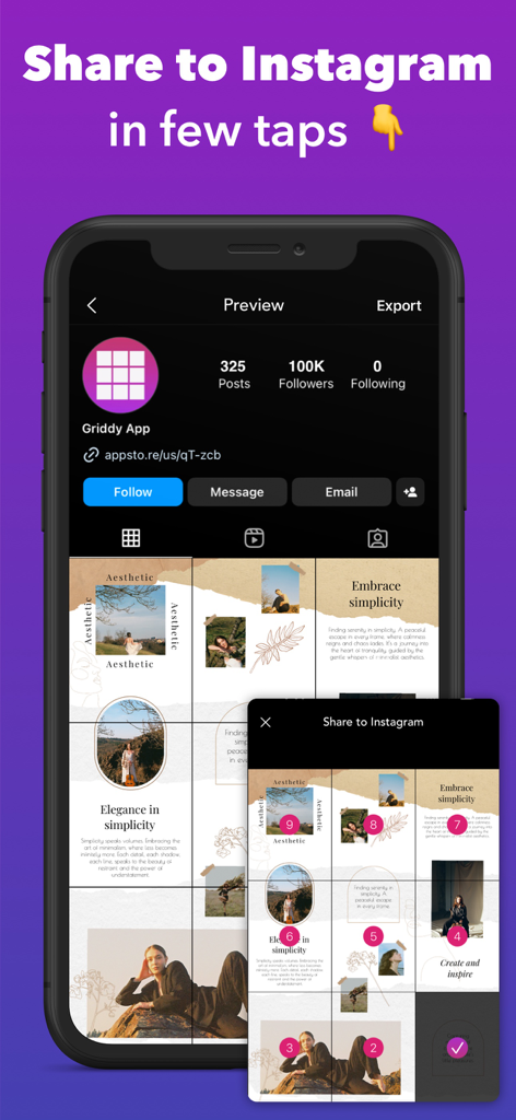 Griddy: Split Photo Grid Posts - A preview of the Griddy app interface showing an aesthetic Instagram puzzle grid layout and the share feature