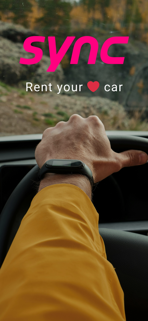 Sync - car rentals marketplace - A close up of a driver hand on a steering wheel with the pink Sync logo and the text Rent your heart car