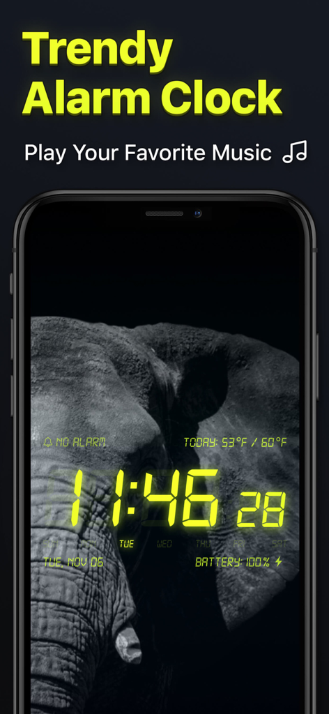 Digital alarm clock app interface with neon yellow time display and elephant wallpaper on an iPhone