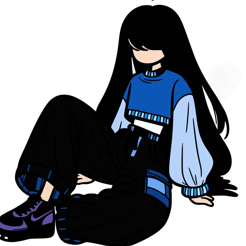 a girl with baggy pants and a crop top with long hair