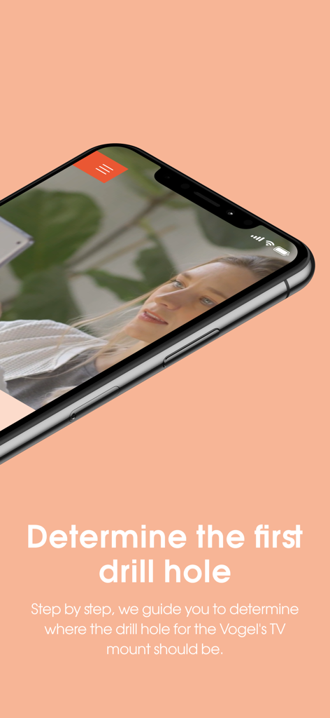DrillRight - Screenshot of the DrillRight app showing step by step guidance to determine the first drill hole for a TV mount