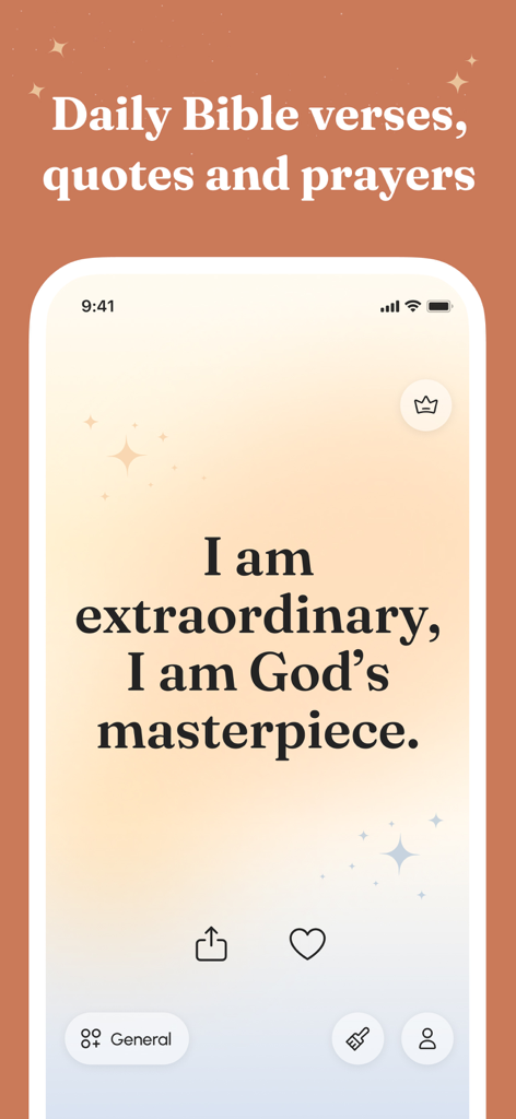 Bible Verse Lock Screen Widget - Mobile app interface showing an inspirational religious quote on a soft orange gradient background with the text I am extraordinary, I am God's masterpiece.