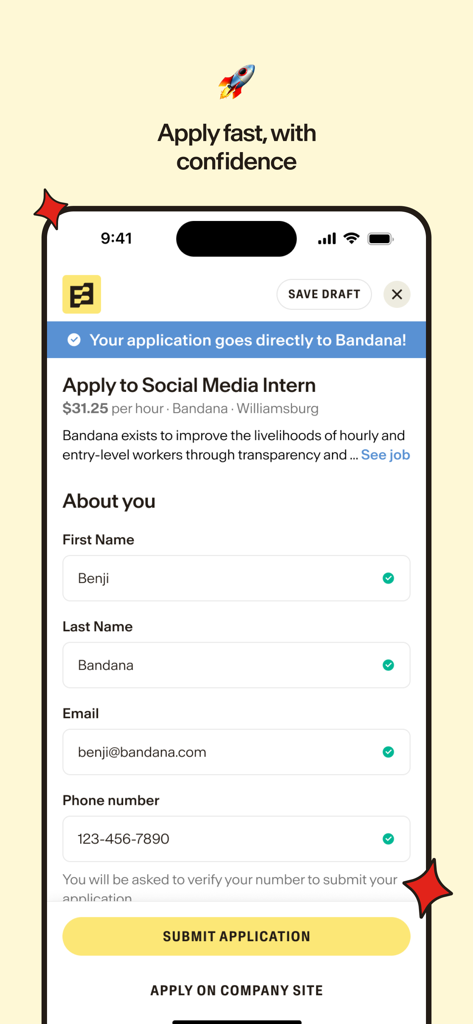 Bandana Job Search - Mobile screen showing the Bandana app job application form for a social media intern position with transparent hourly pay.
