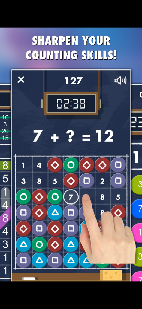 Una pantalla de teléfono móvil que muestra un juego de contar matemáticas con un rompecabezas de suma y una cuadrícula de números de Word Games PRO 101-en-1.