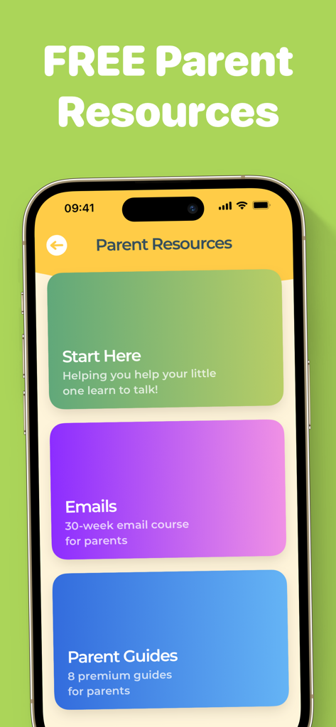 Learn to Talk - Learn to Talk app interface showing free parent resources including a 30-week email course and premium guides