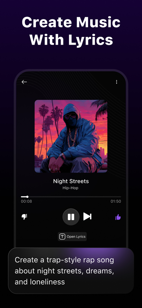Mediamax Mobile App-Oberfläche mit einem KI-generierten Hip-Hop-Song mit einer benutzerdefinierten Textaufforderung zur Erstellung von Texten und Musik