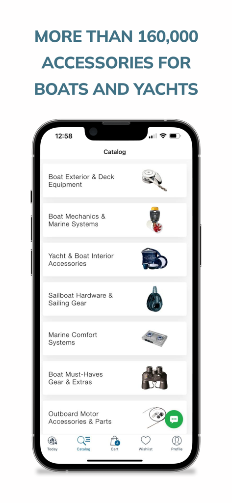 Yacht Supply App-Katalogbildschirm mit verschiedenen Kategorien für Boot- und Yachtzubehör wie Decksausrüstung und Marinesysteme