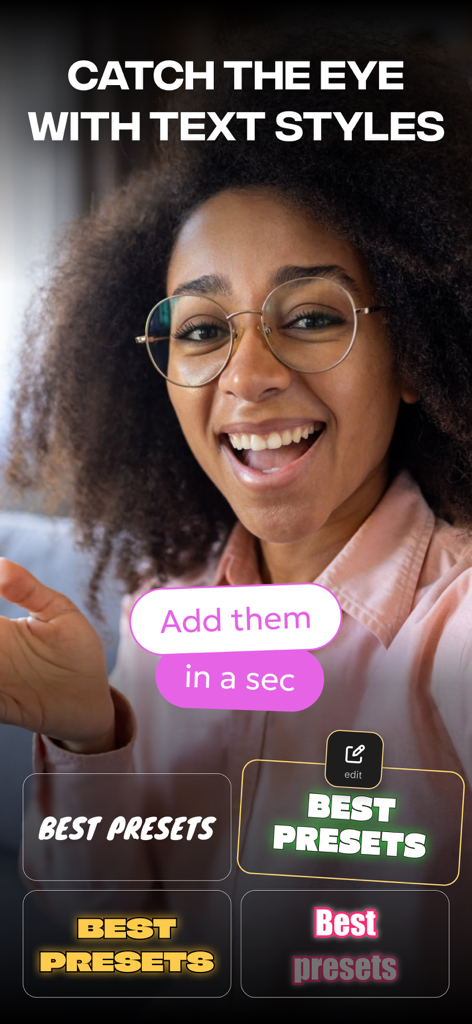 Verba: Captions & Video Editor - Pantalla de la app Verba que muestra varios preajustes de estilo de texto dinámicos para subtítulos y leyendas de video