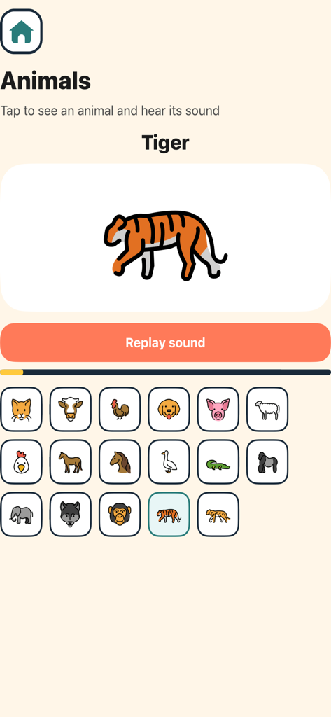 MiniKids Ultimate - Interfaz de aplicación educativa para niños pequeños que muestra un tigre y una cuadrícula de iconos de animales para aprender sonidos.