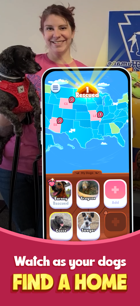 TREAT: Play & impact REAL dogs - TREAT app interface showing a US map of rescued animals and individual dog profiles