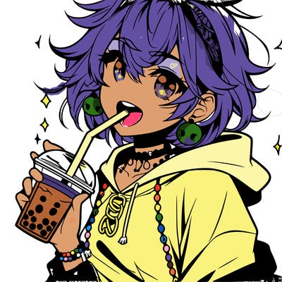 hot baddie anime girl drinking boba and biting the straw