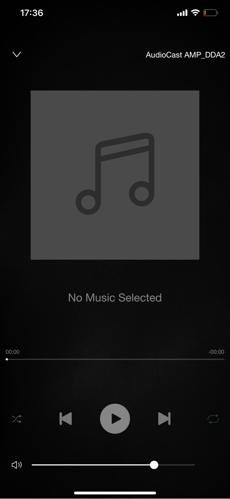AudioCast - Screenshot of the AudioCast app music player interface showing playback controls and no music selected