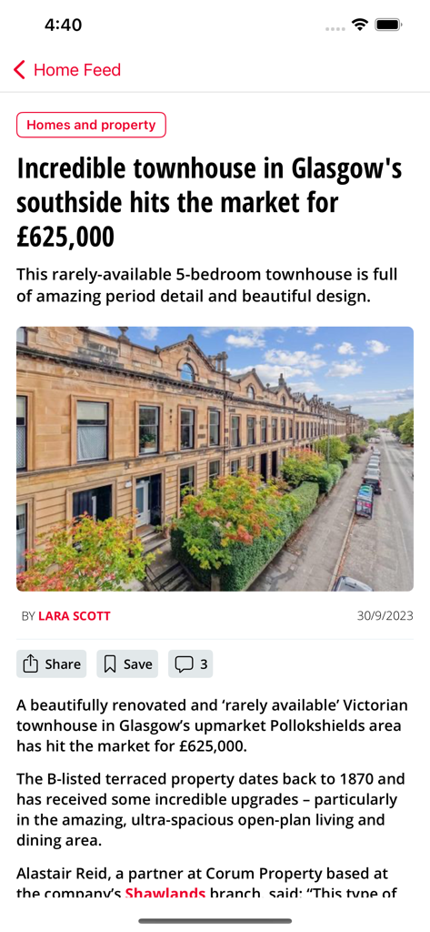 Daily Record App - Ein Nachrichtenartikel in der Daily Record App, der ein viktorianisches Stadthaus zum Verkauf in Glasgow zeigt