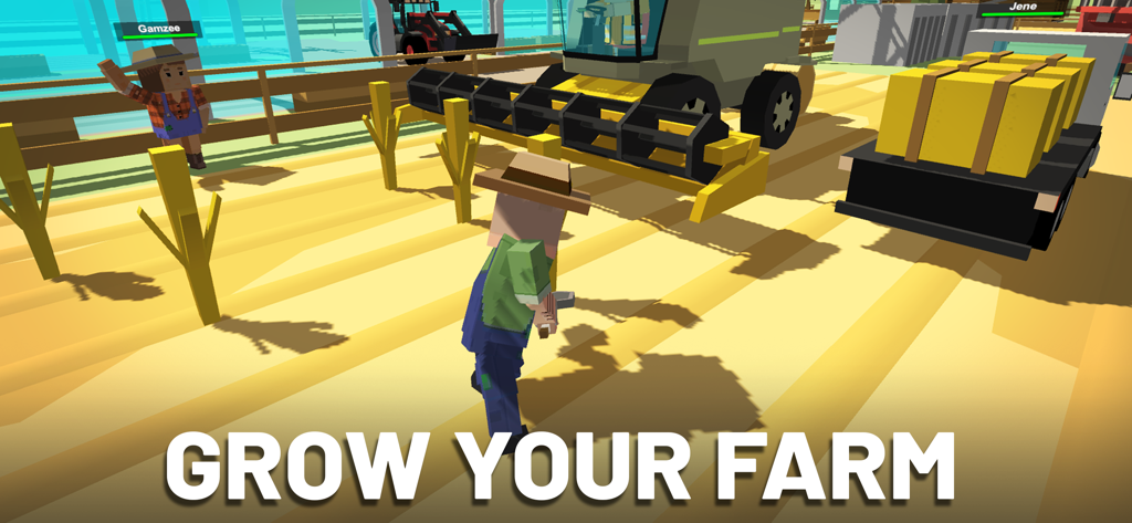 Simple Sandbox 2 - 텍스트 GROW YOUR FARM와 함께 Simple Sandbox 2의 블록 캐릭터 및 농업 장비