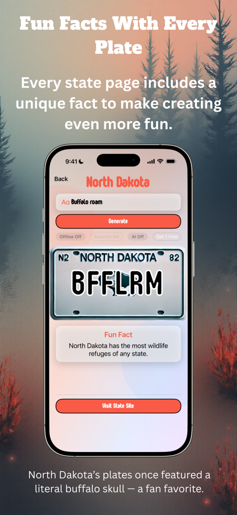 Plate Picasso! - Interfaz de la aplicación Plate Picasso que muestra un diseño de matrícula de Dakota del Norte con la abreviatura BFFLRM y un dato curioso específico del estado sobre refugios de vida silvestre.